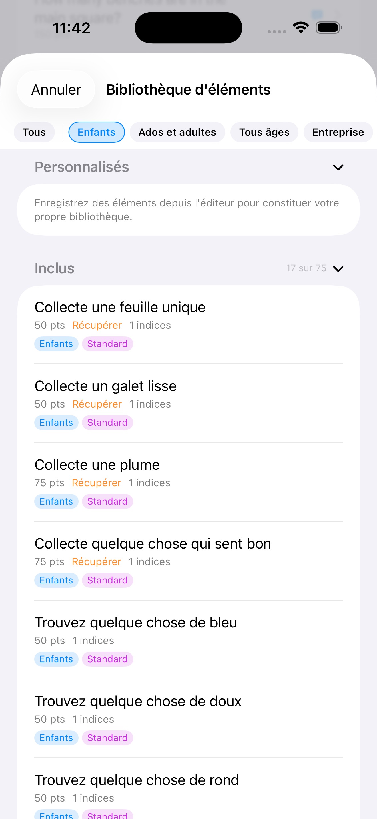 Écran bibliothèque d'éléments