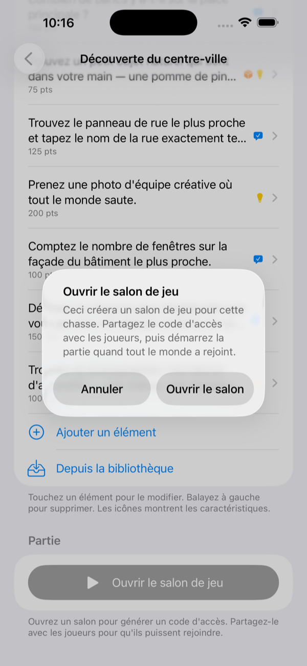 Boîte de dialogue d'ouverture du salon de jeu