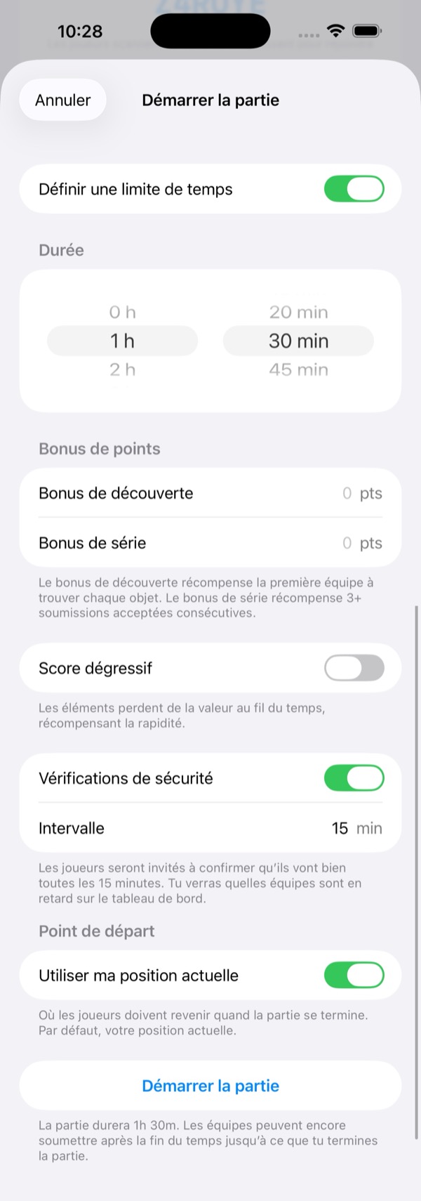 Écran paramètres de lancement